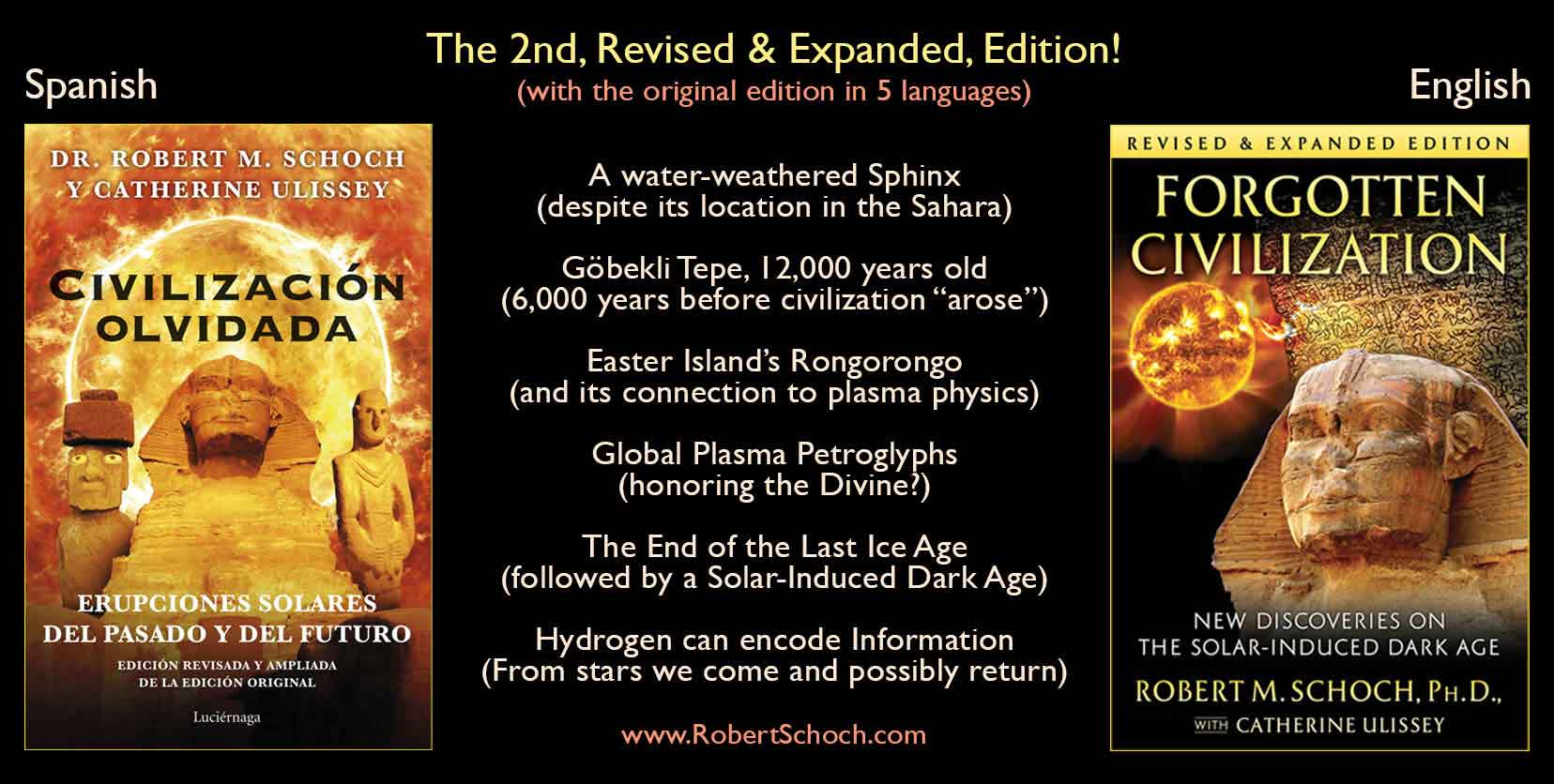 The Spanish and English book covers of Forgotten Civilization: New Discoveries on the Solar-Induced Dark Age