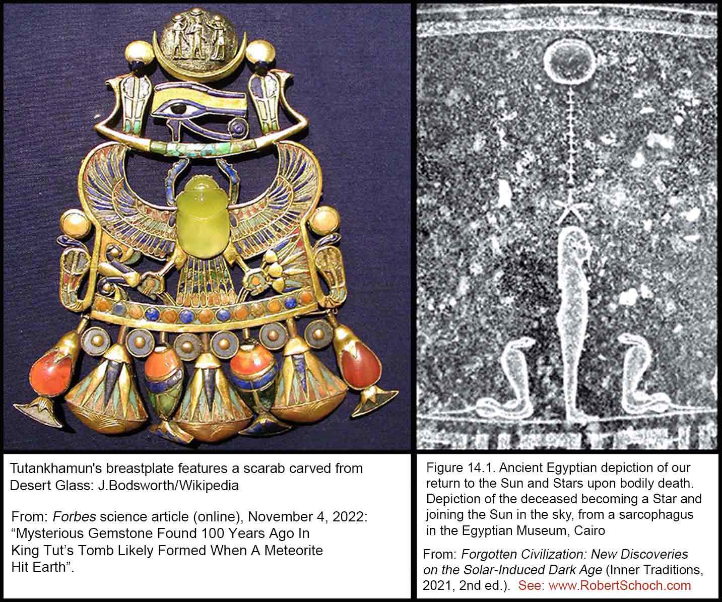 A composite image of King Tutankhamun's breastplate and a depiction of our 
					return to the stars upon death on a sarchophogus in the Egyptian Museum