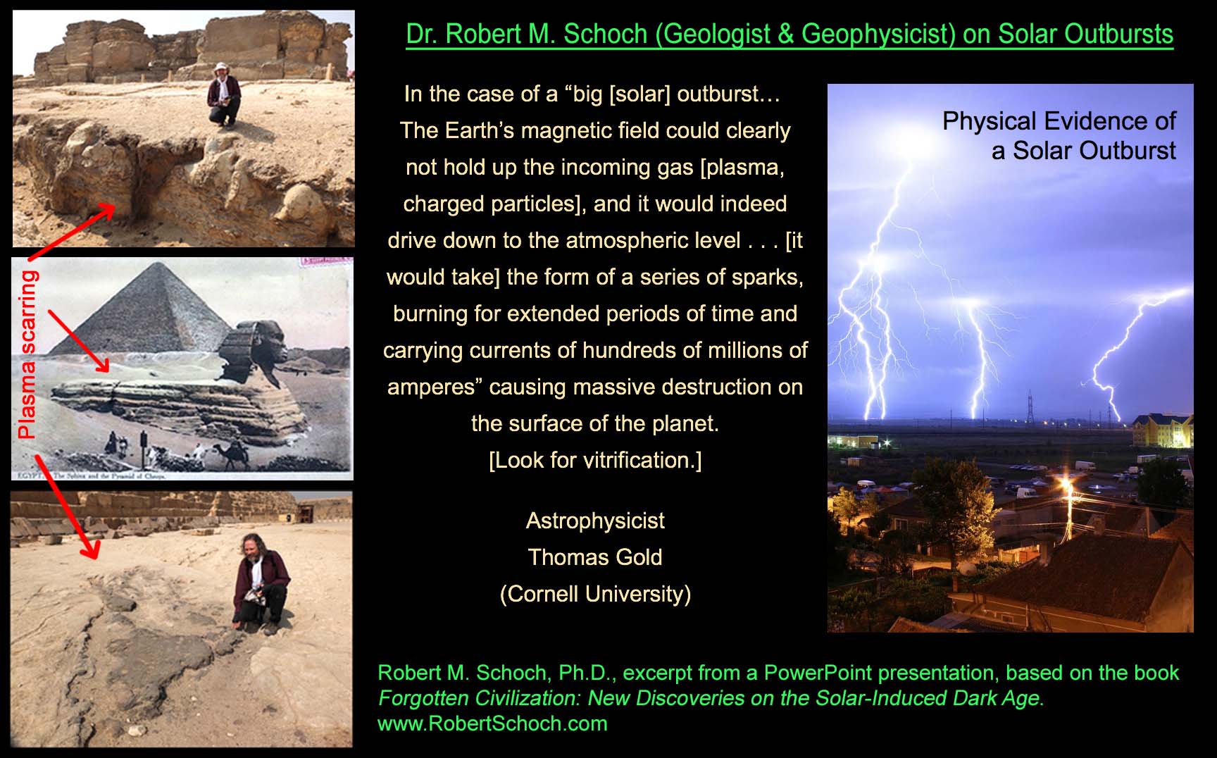 An image of lightning touching the ground with a quote from Astrophysicist Thomas Gold regarding major solar outbursts