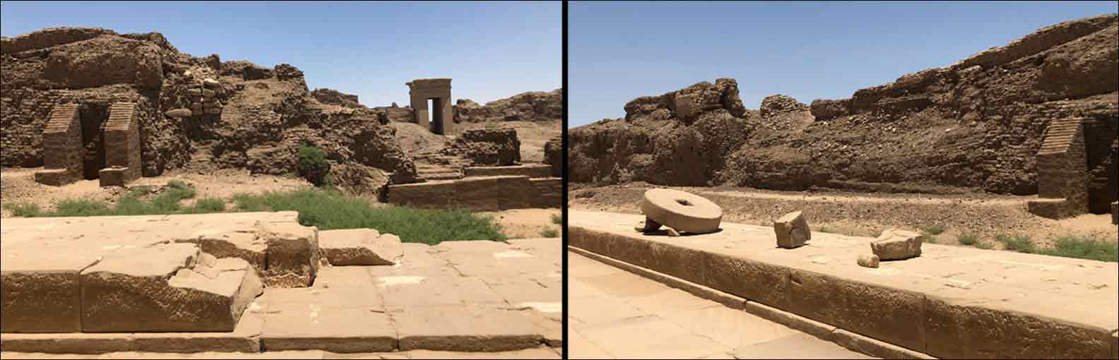 Composte image of mucbrick packing around the site and temple of Denera
