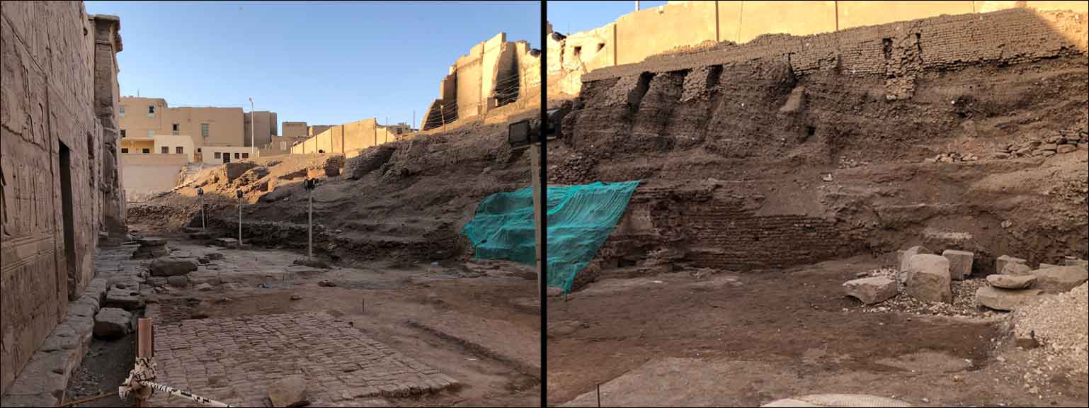 Two views from behind the Esna Temple showing ancient mudbricks cleared 
					from the temple exterior but still piled against the walls of the enclosing area.
