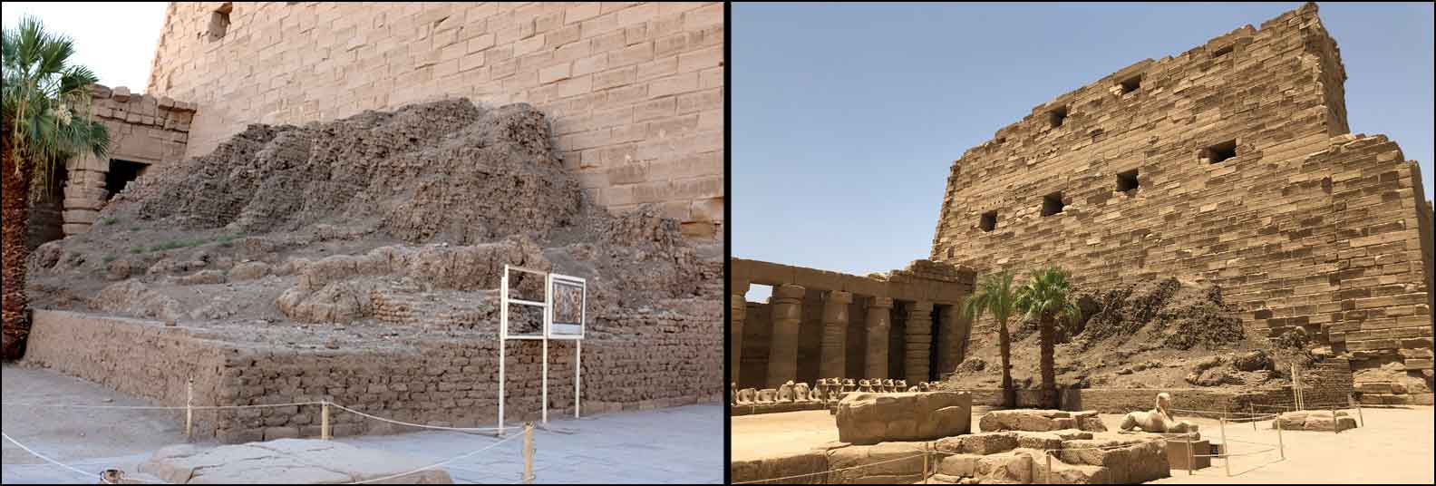 Interior view of the wall near the entrance of ram-headed sphinxes at the Karnak Temple 
				Complex. Evident are the dried mudbricks piled against the wall
