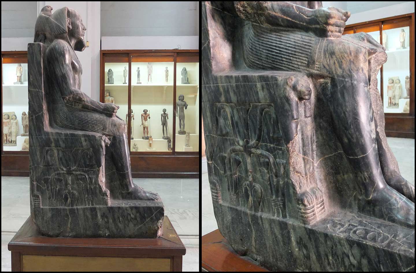 Two different angles of the Khafre statue in the old Egyptian Museum
