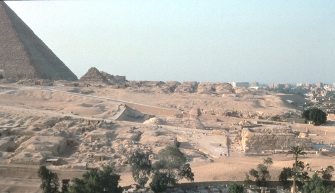 Plate 3 from Schoch's book Forgotten Civilization, showing the 
					east-facing Sphinx and the tilt of the plateau